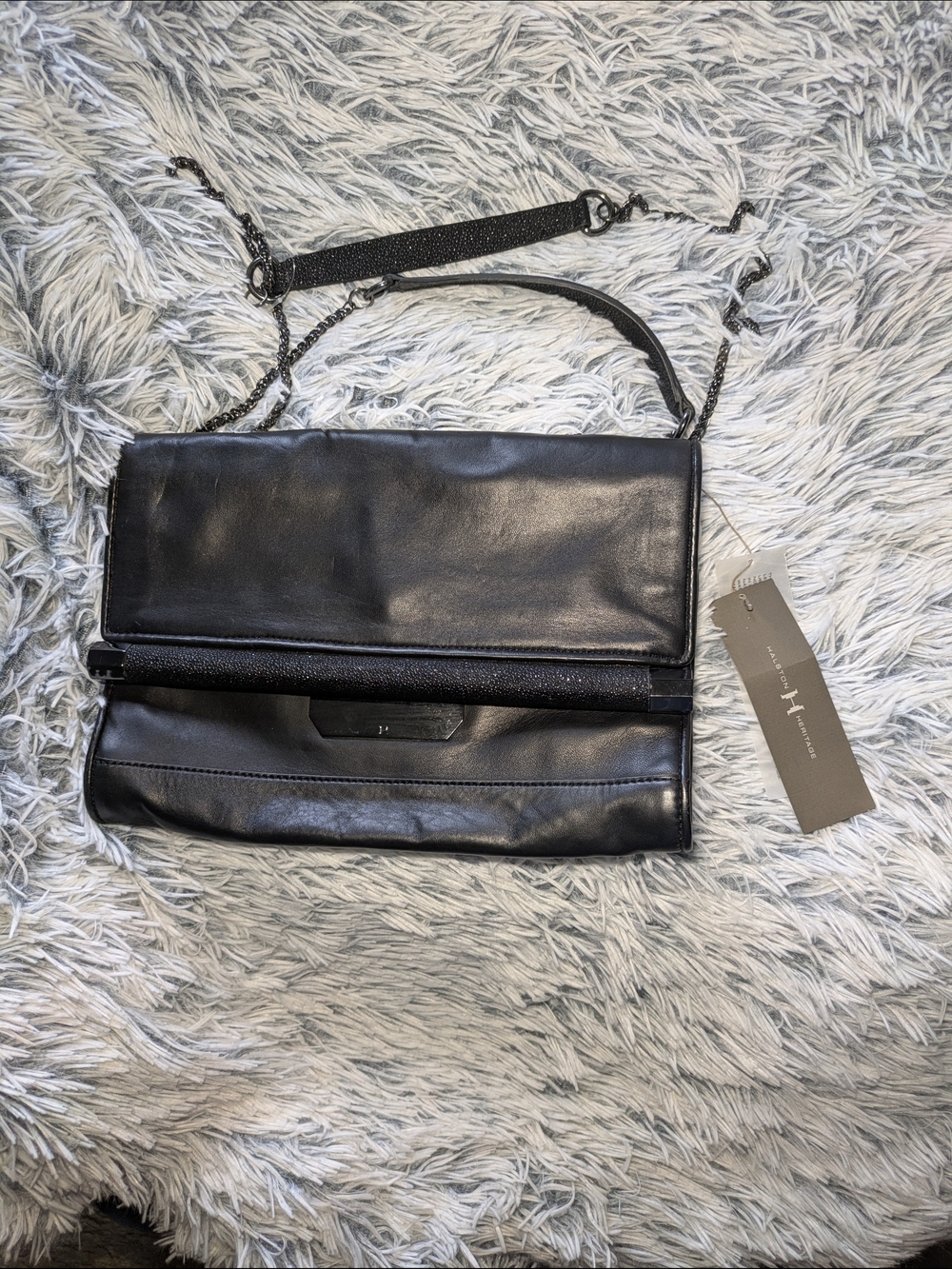 Halston Heritage Black Leather Fold-Over Clutch with Chain Strap